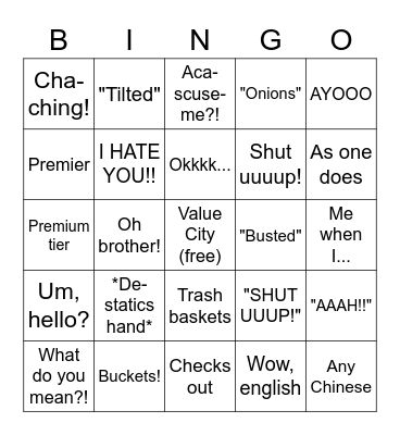 Tristan Sweet Bingo Card
