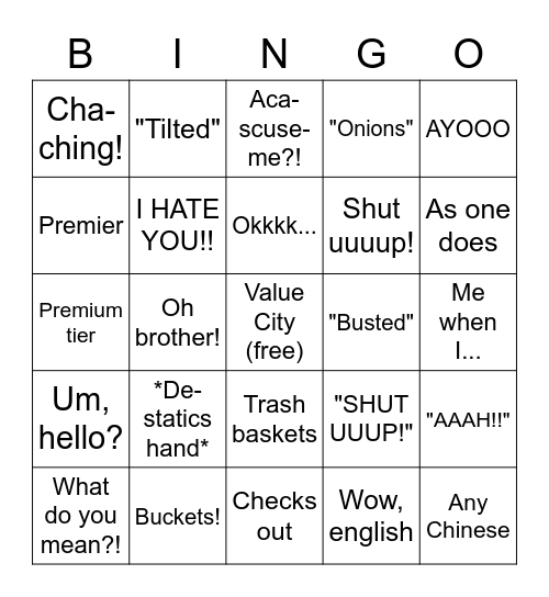 Tristan Sweet Bingo Card