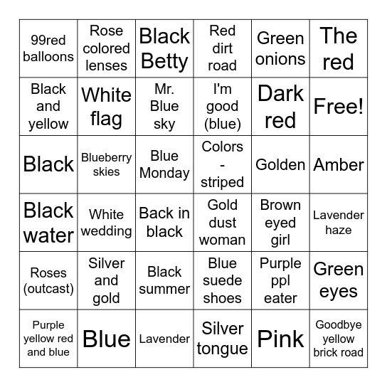 What's the color?! Bingo Card