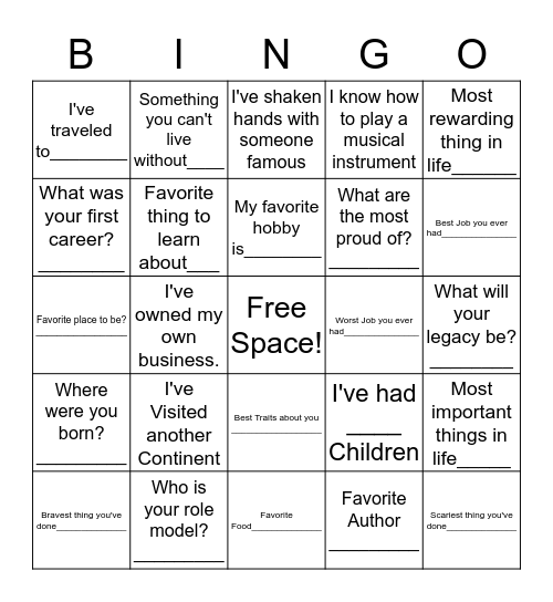 Life Experiences Bingo  Bingo Card