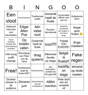 Eurovision Bingo Card