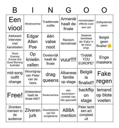 Eurovision Bingo Card