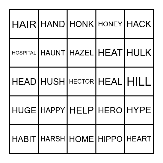 STARTS W/ H Bingo Card