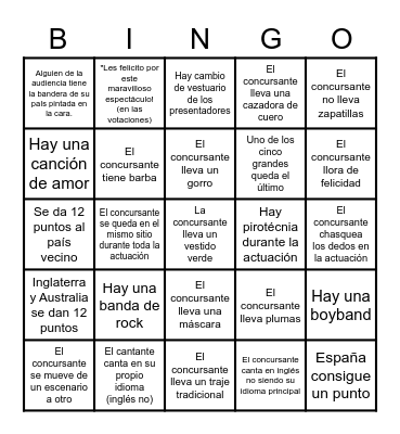 Eurovision Bingo Card