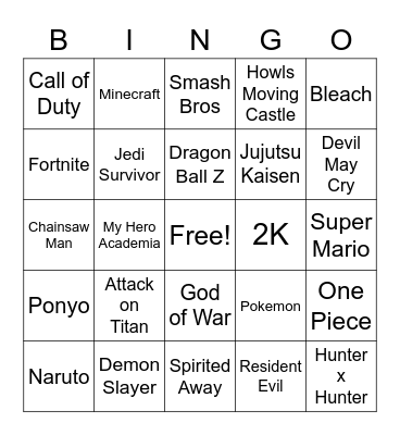 Anime/Gaming Bingo Card