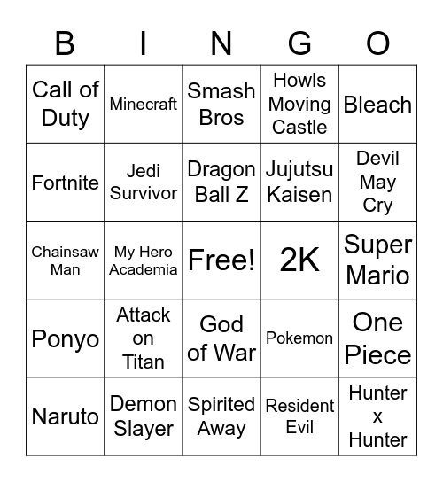 Anime/Gaming Bingo Card