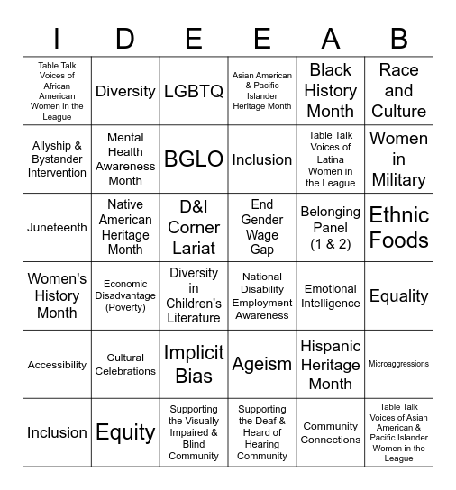 JL Diversity & Inclusion Monthly Topics Bingo Card