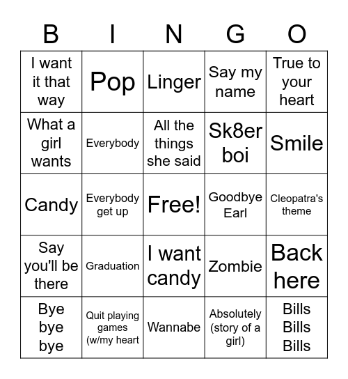 Boy VS Girl bands Bingo Card