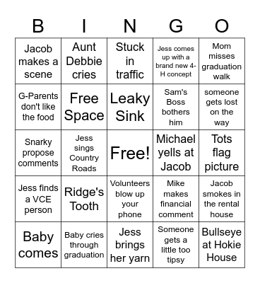 Jess's Graduation Bingo Card