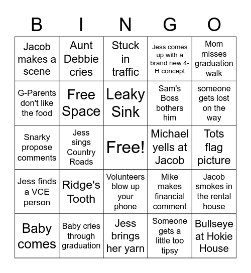 Jess's Graduation Bingo Card