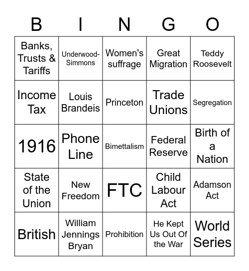 Woodrow Wilson Bingo Card