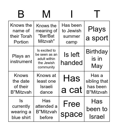 B''Mitzvah Bingo Card