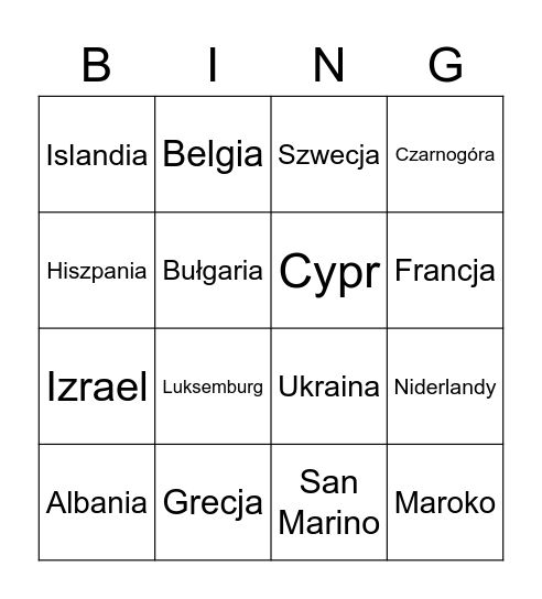EUROWIZYJNE BINGO Card