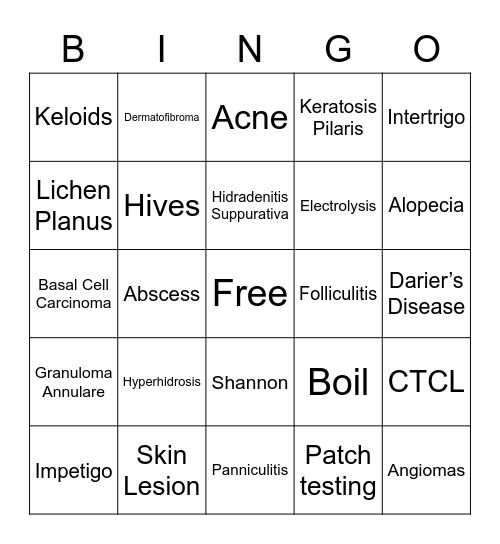 Dermatology Bingo Card