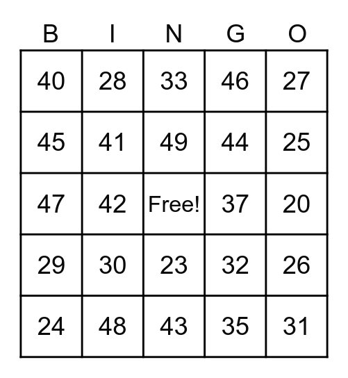 One More Than 20-50 Bingo Card
