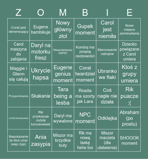 Zombie Bingo Card