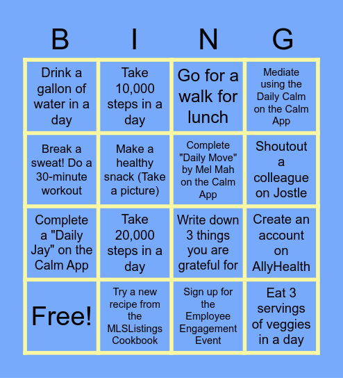 MLSListings Wellness Bingo Card