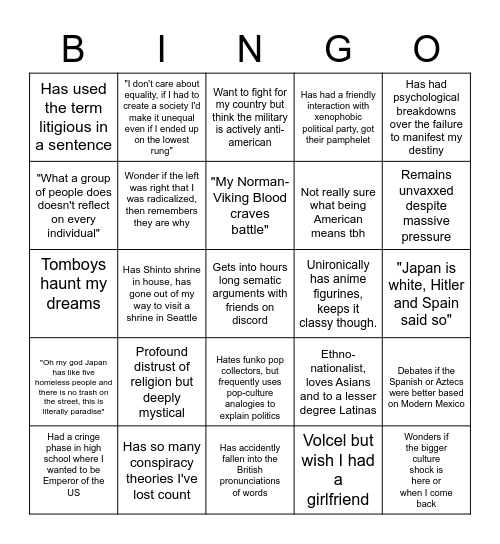 Shaman's Bingo Card