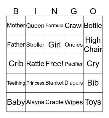 Welcome Soon Princess Alayah Bingo Card