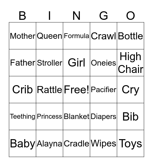 Welcome Soon Princess Alayah Bingo Card