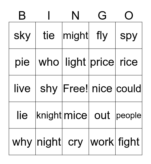 _ight, -ice, -y, -ie Families Bingo Card