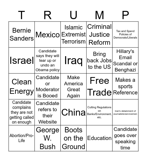 Republican Debate January 14, 2016 Card # 3 Bingo Card