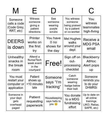 NURSE/TECH WEEK Bingo Card