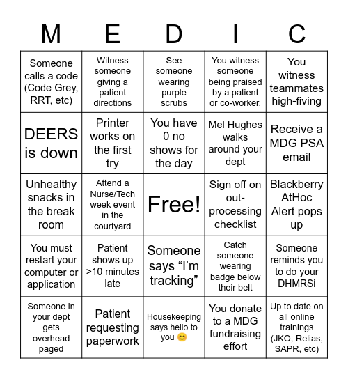 NURSE/TECH WEEK Bingo Card