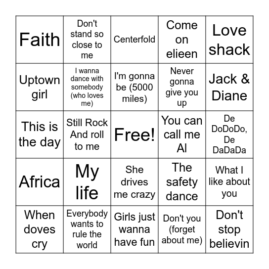 80's Hits Bingo Card