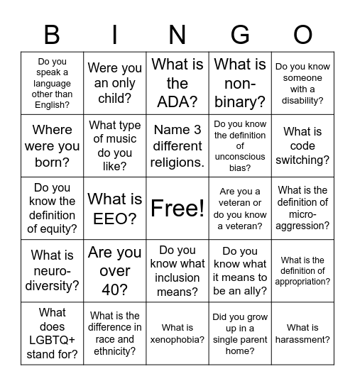 Diversity Bingo Card