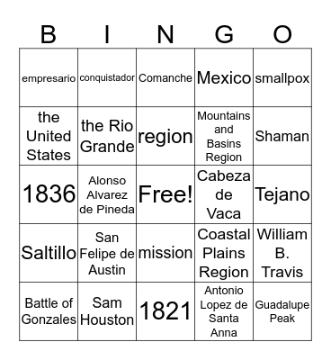 Texas History Midterm Review Bingo Card