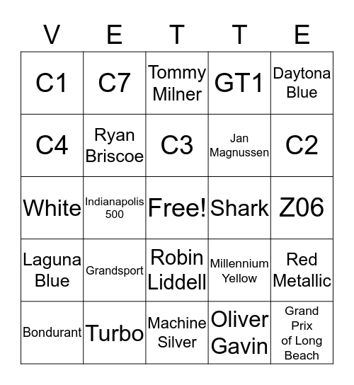 Corvettes of San Diego Bingo Card