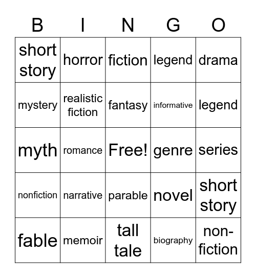 Literary Genre Bingo Card