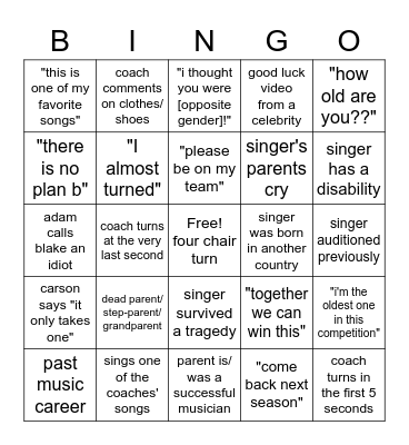 Season 11 Blind Auditions! Bingo Card
