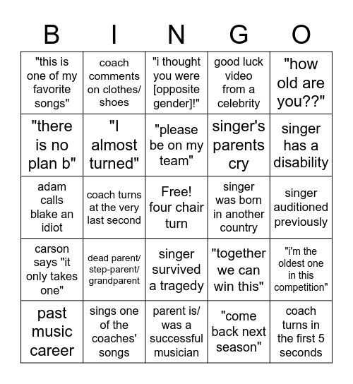 Season 11 Blind Auditions! Bingo Card