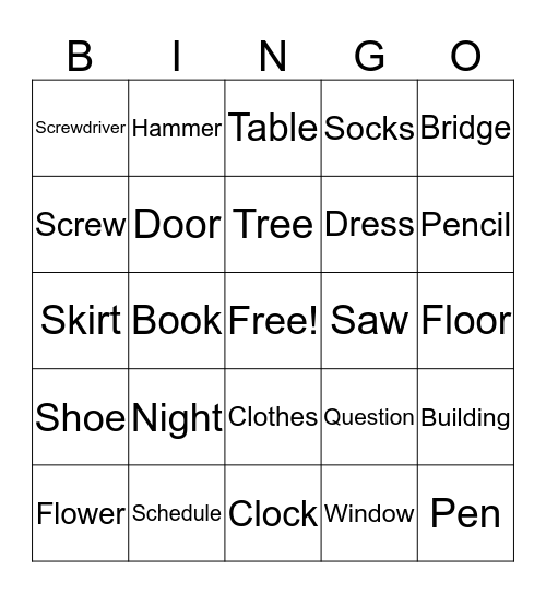 Noun Bingo Card