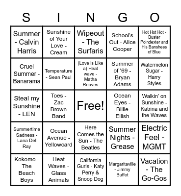 Songs of the Summer Bingo Card