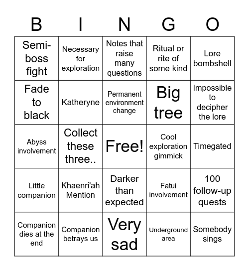 Genshin World Quest Bingo Card