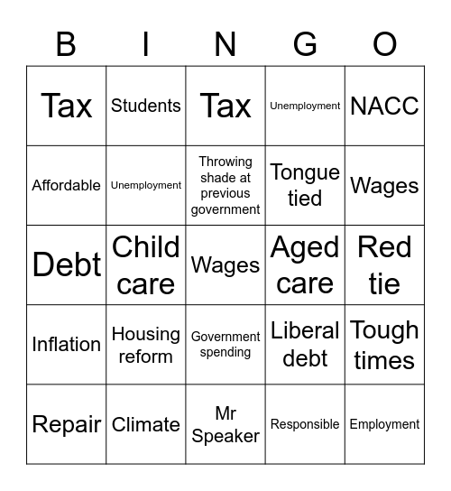 2023 Budget Bingo Card