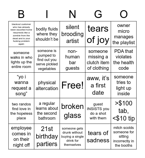 Slow Night Agony Bingo Card