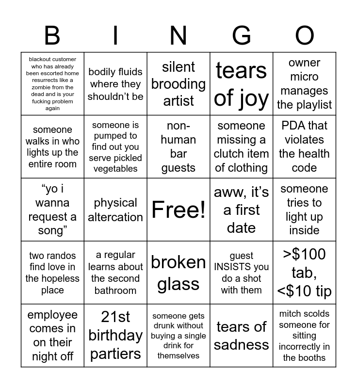 Slow Night Agony Bingo Card