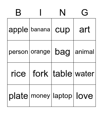 Countable and Uncountable nouns Bingo Card