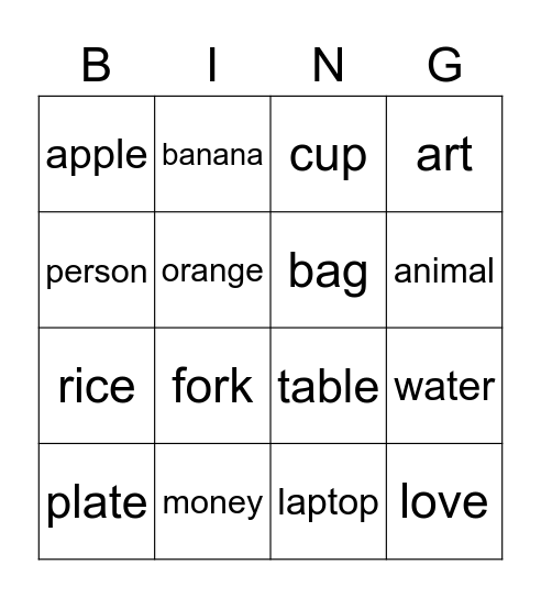 Countable and Uncountable nouns Bingo Card