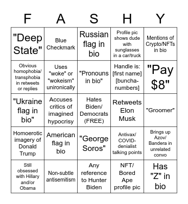 TwitterFash Score Card Bingo Card