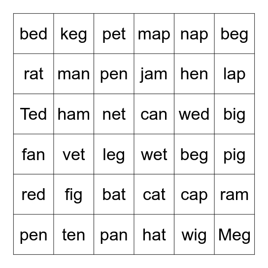 Phonics Bingo Card