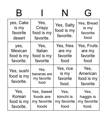 Food Bingo Card