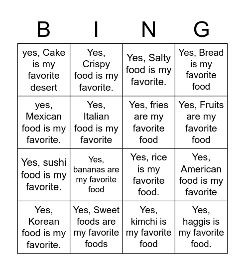 Food Bingo Card