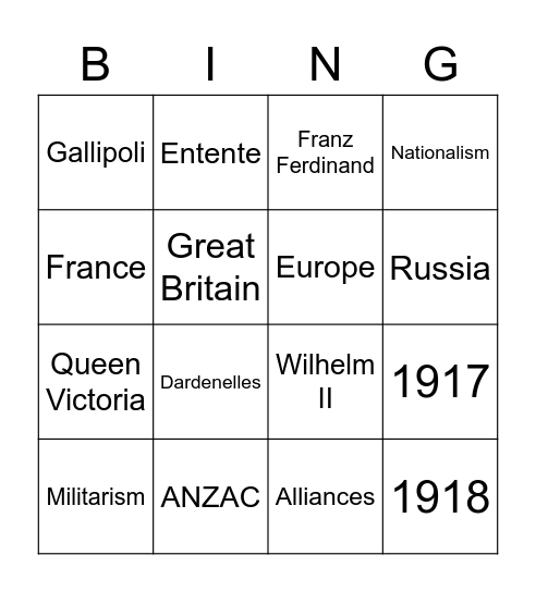 World War 1 Bingo Card