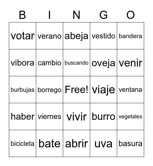 Palabras con "b" o "v" Bingo Card