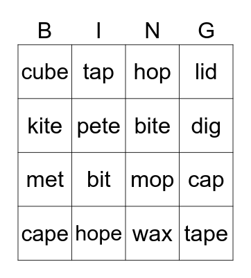 CVCe Words Bingo Card